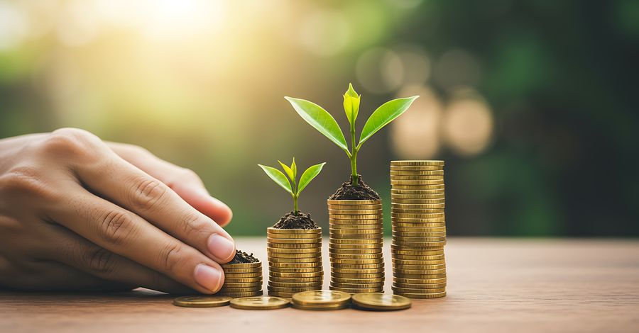 Coins with a young plant growing